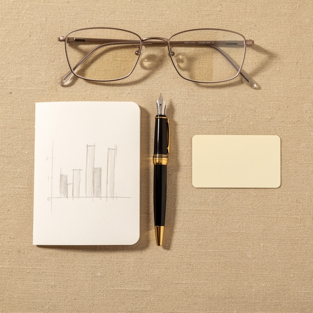 A notepad with a hand-drawn comparison chart, pen and a blank payment card on beige linen