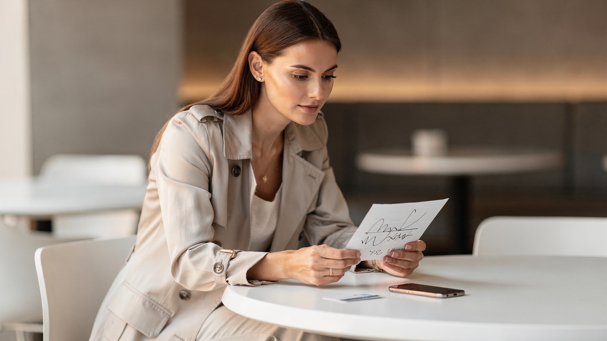 A person comparing payment options at a bright cafe table