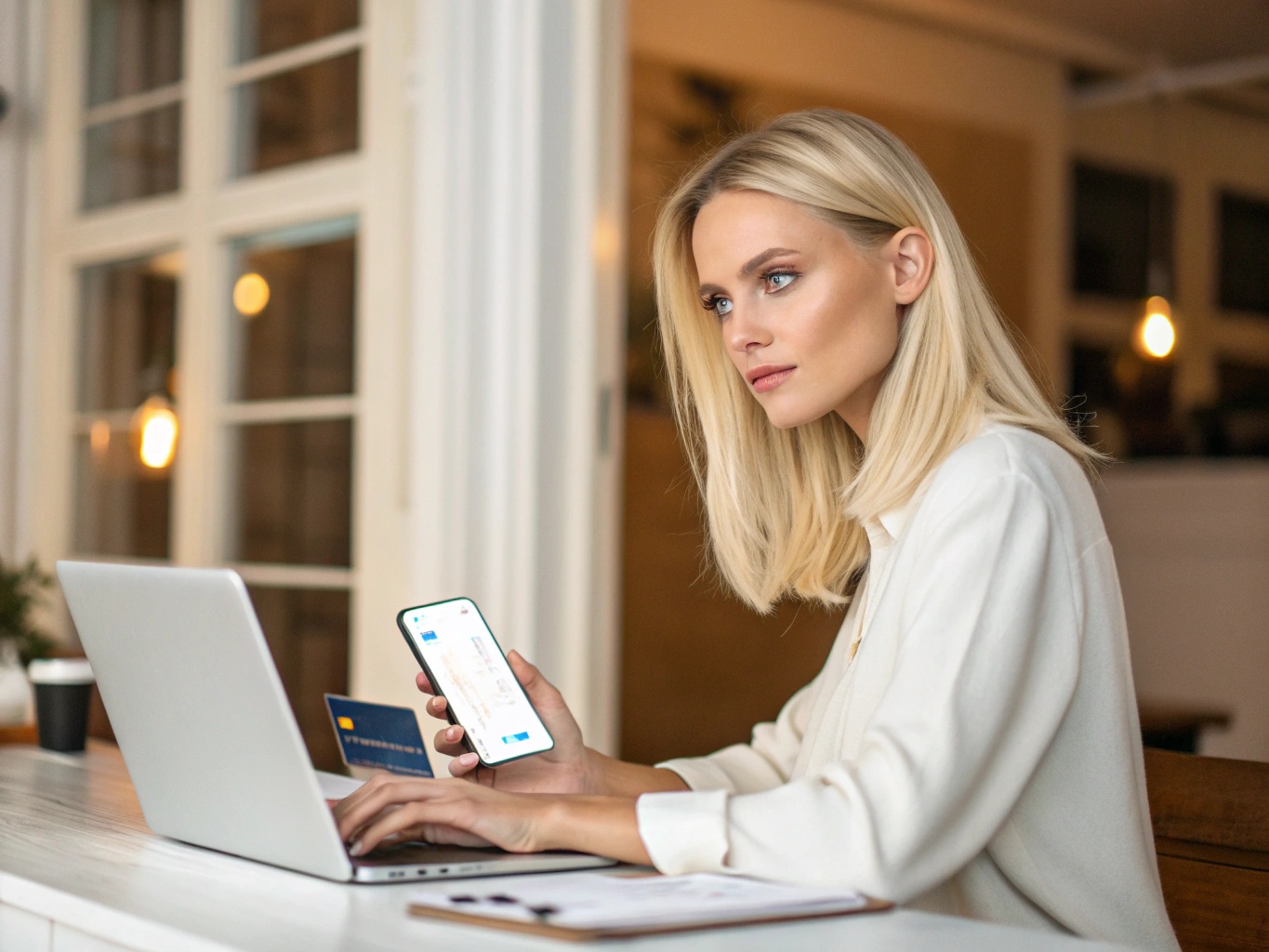 Woman at desk holding smartphone with virtual prepaid card UI
