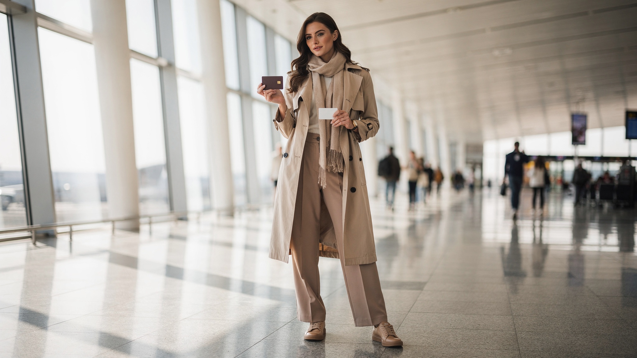 A traveler at an airport terminal holding a forex card and passport