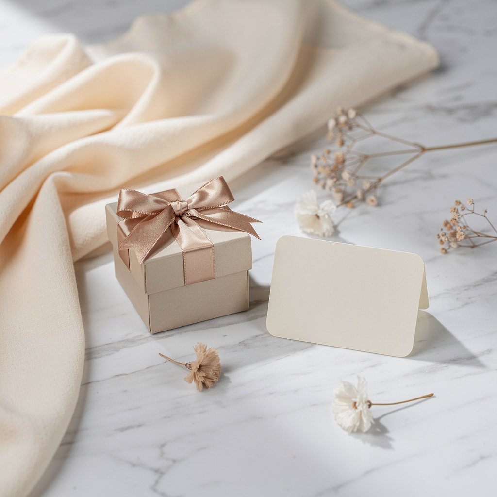 A wrapped gift box with a silk ribbon and a blank gift card on white marble