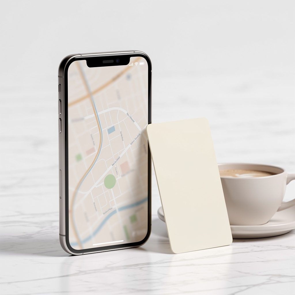 A smartphone showing a blurred route-map illustration beside a blank payment card