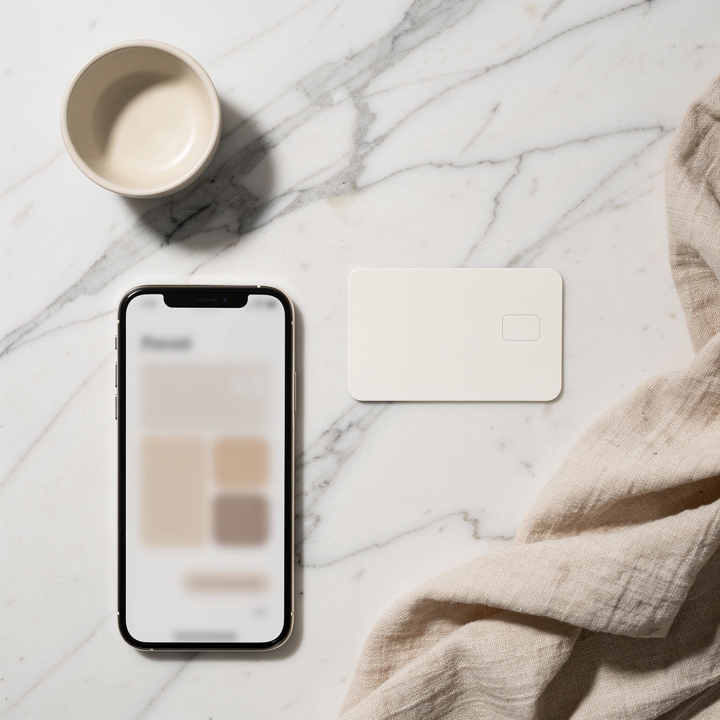 A flat lay of a prepaid card and phone on a warm neutral surface