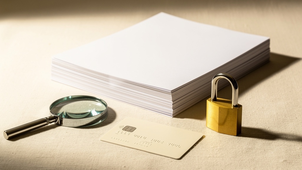 A stack of documents, padlock and blank payment card on beige linen