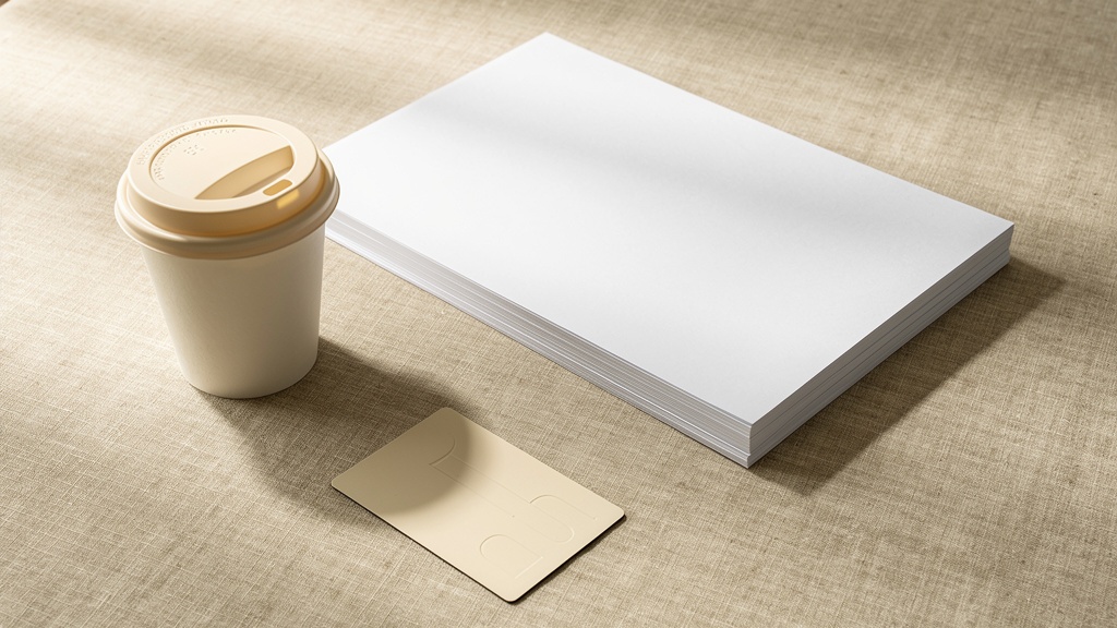 Stacked office documents, a coffee cup lid and a blank card on beige linen