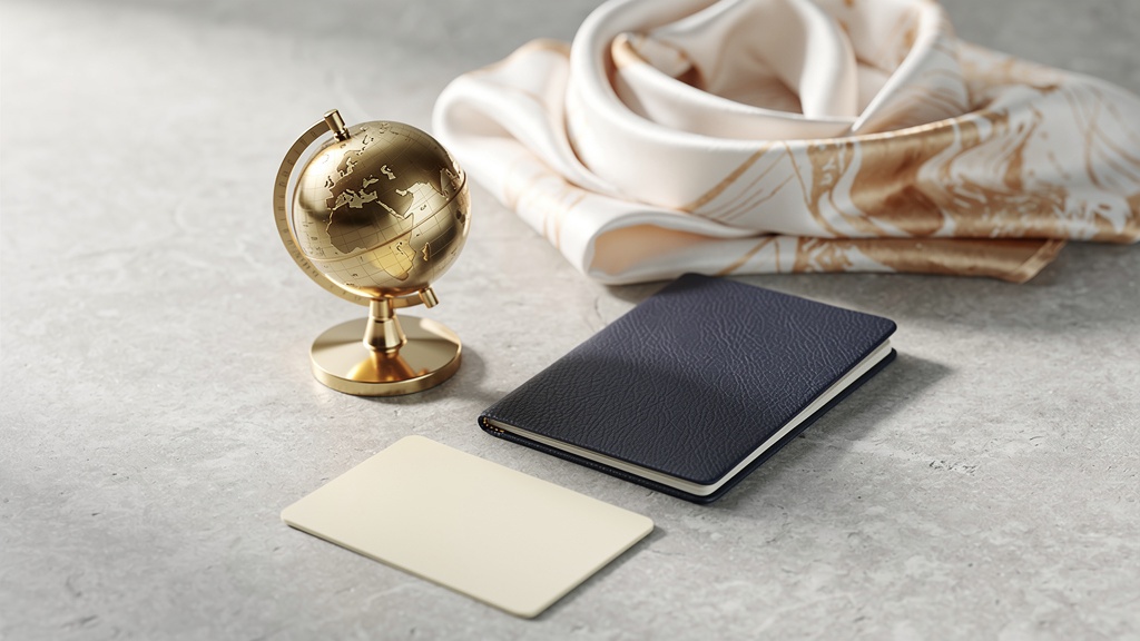 A passport, globe paperweight and blank payment card on stone