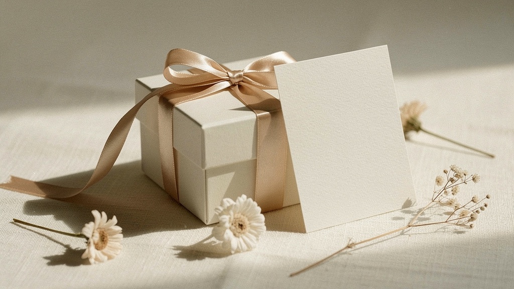 A wrapped gift box with a ribbon and a blank gift card on beige linen