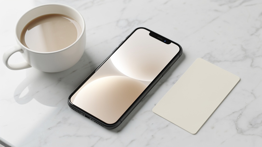 A smartphone with a blurred card illustration beside a blank card on marble