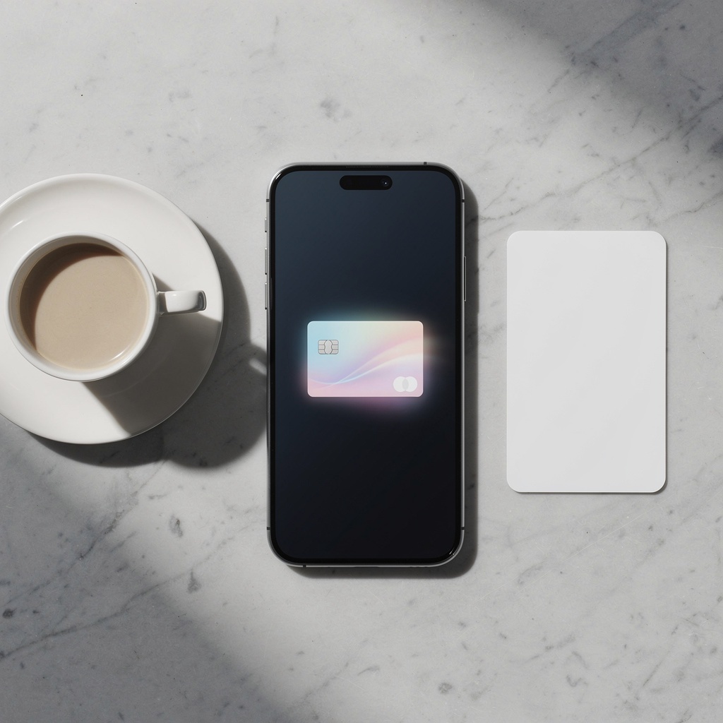 A holographic virtual card above a smartphone in a bright workspace